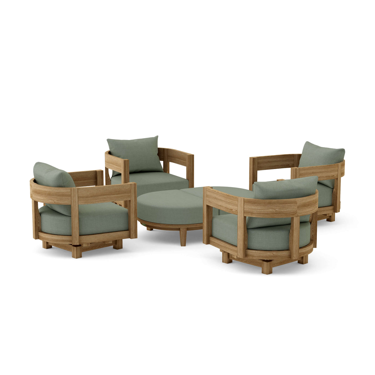 Outdoor furniture set with wooden frames and green cushions on a white background