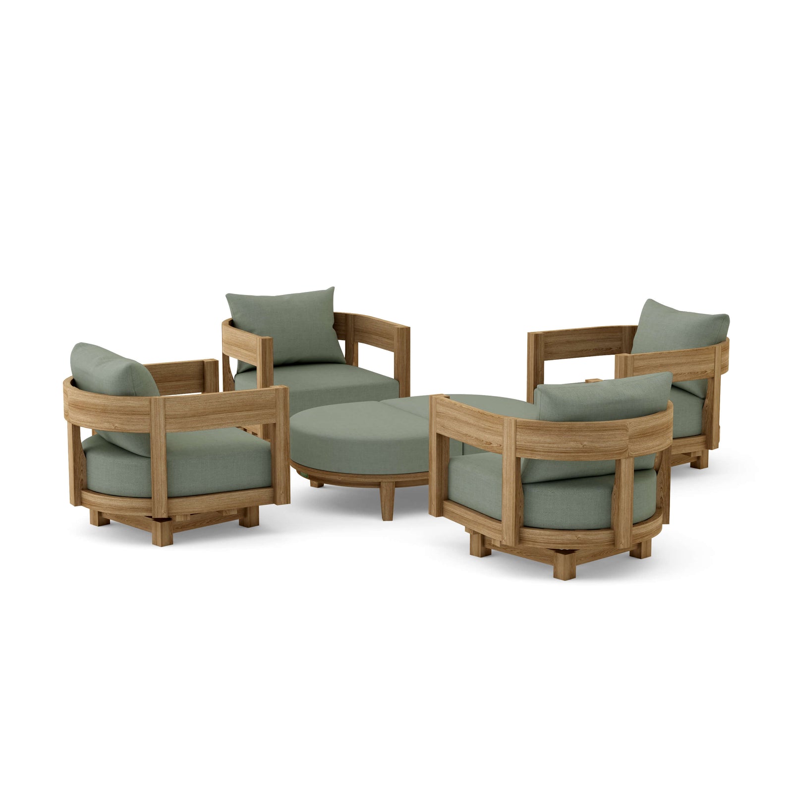 Outdoor furniture set with wooden frames and green cushions on a white background