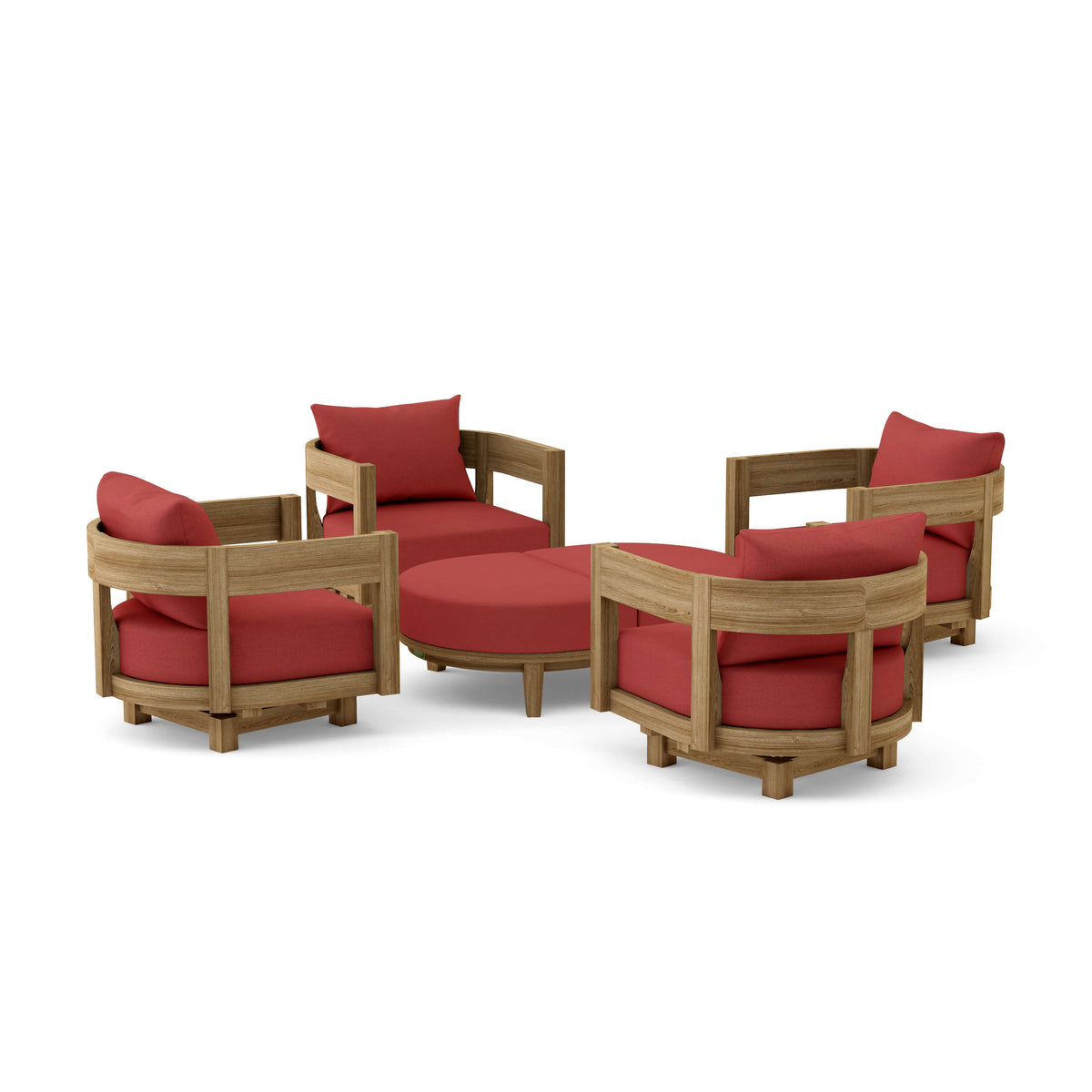 Outdoor furniture set with red cushions on a white background