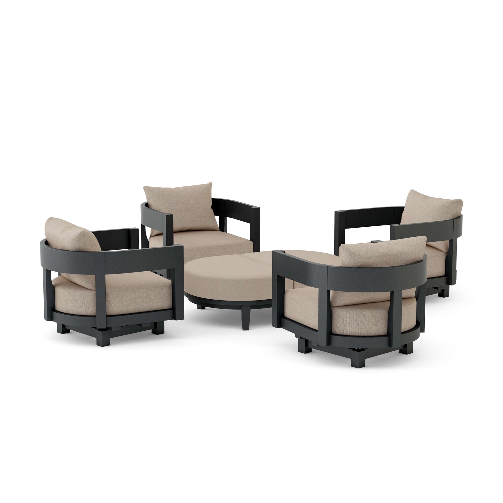 Outdoor furniture set with beige cushions and black frames on a white background