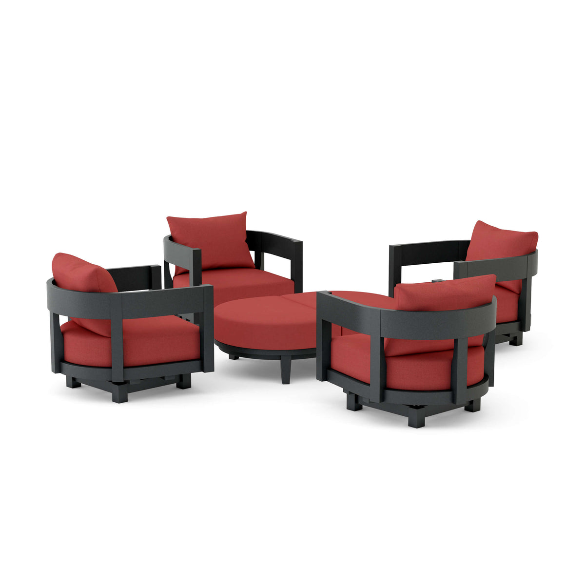 Outdoor furniture set with red cushions and black frames on a white background