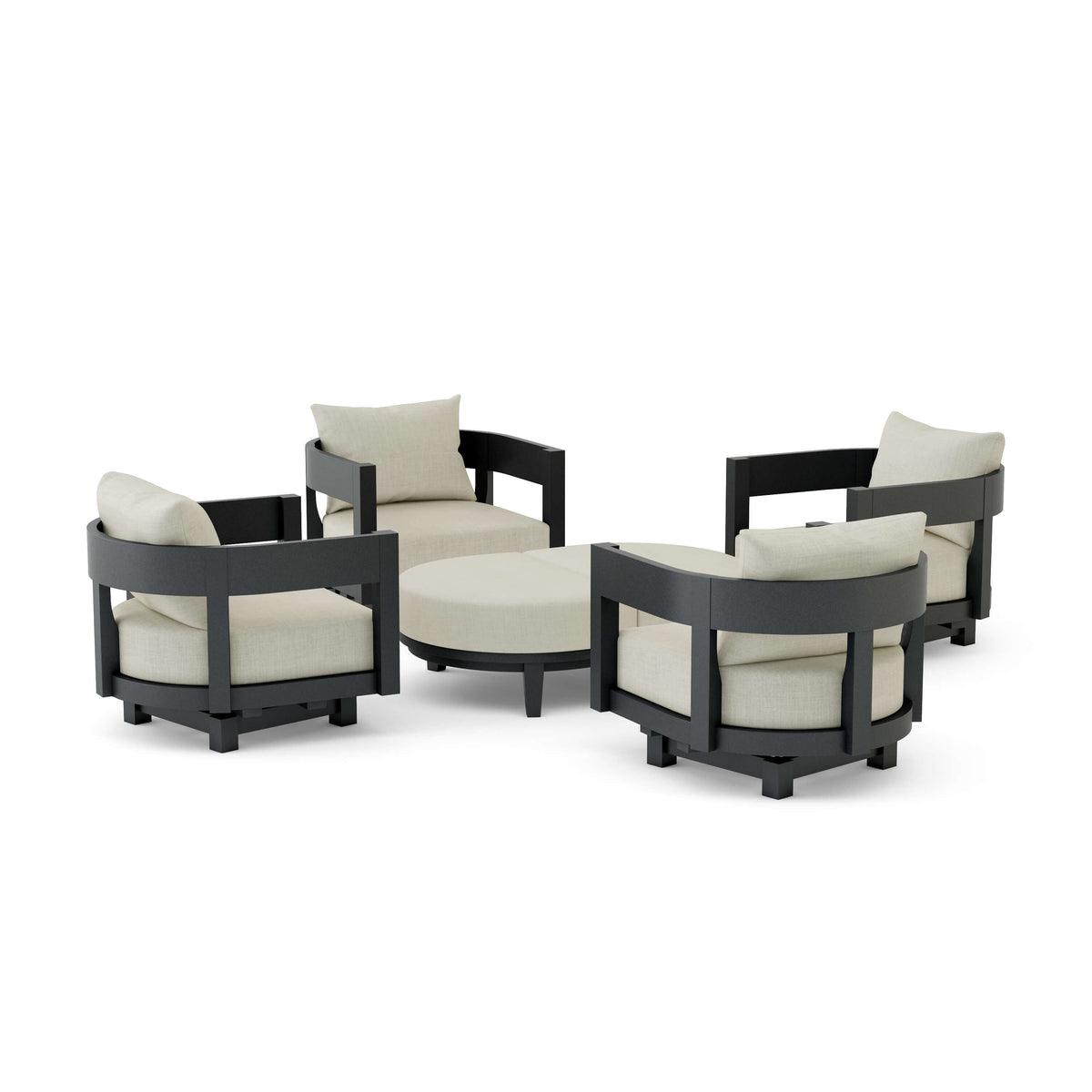 Outdoor furniture set with black frames and white cushions on a white background