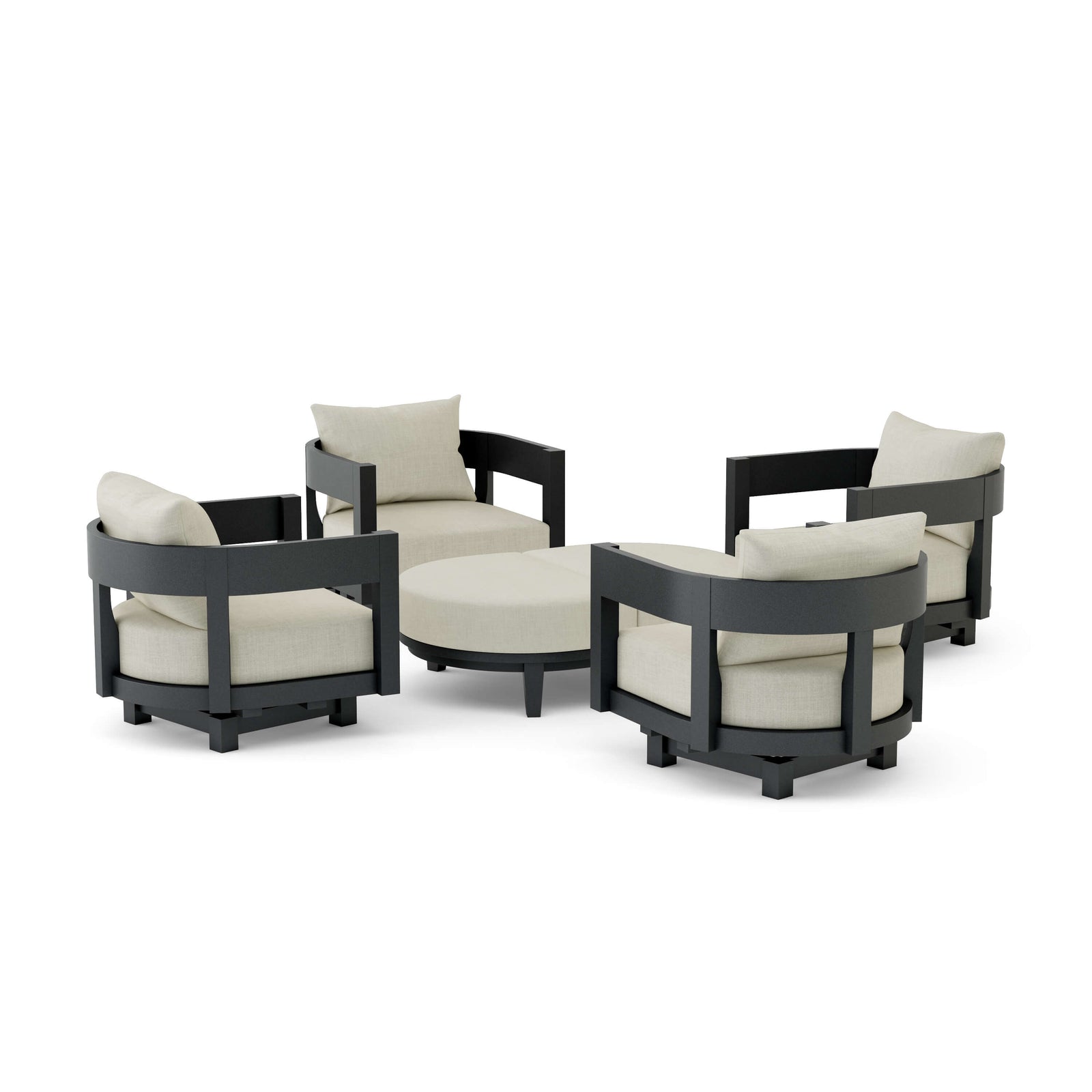 Outdoor furniture set with black frames and white cushions on a white background