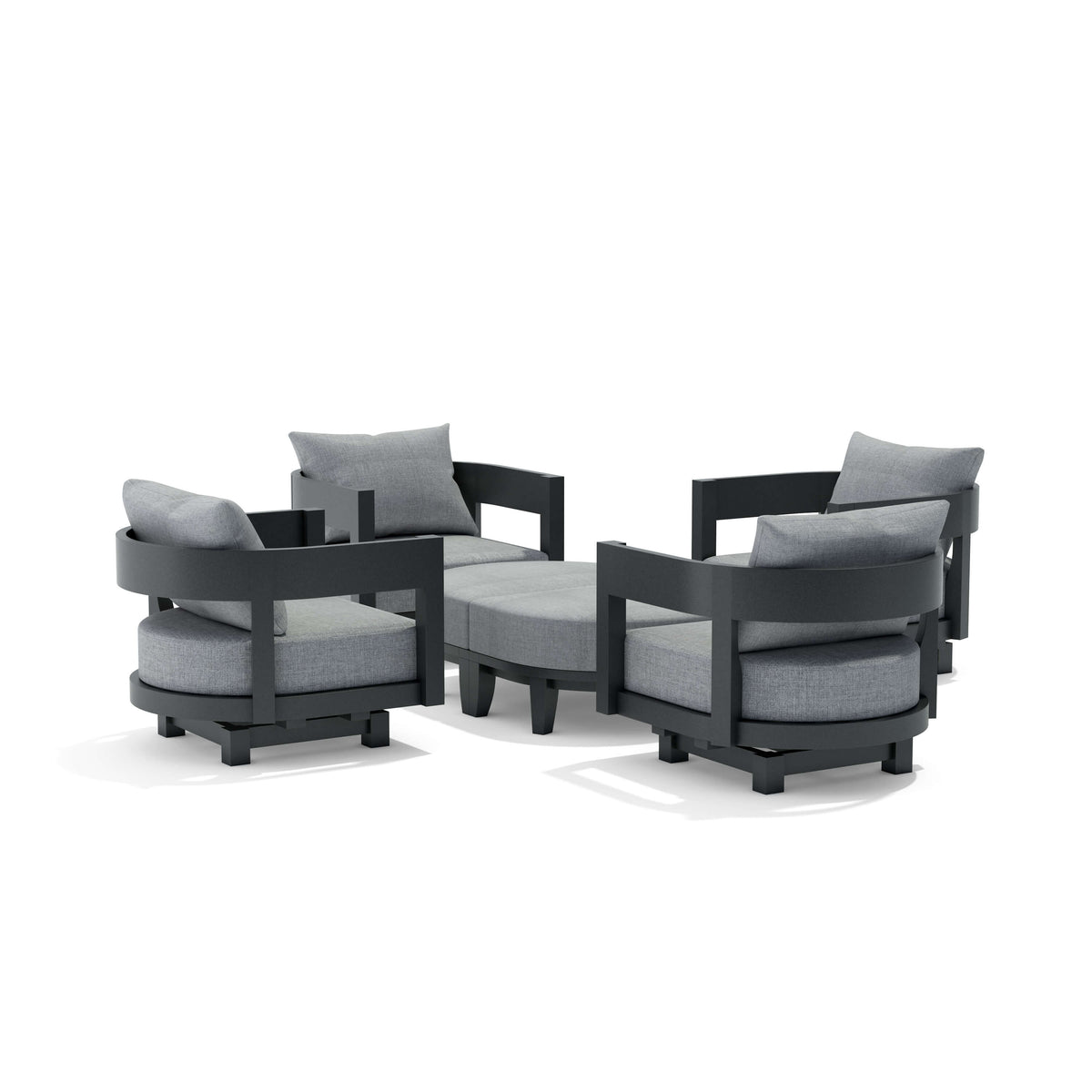 Outdoor furniture set with black frames and gray cushions on a white background