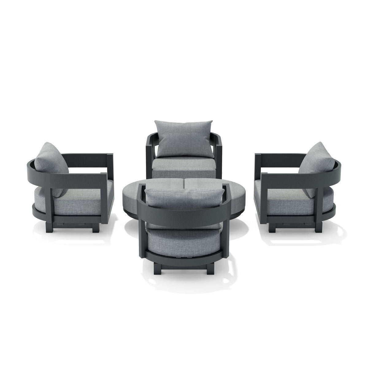 Outdoor furniture set with four chairs and a central table on a white background