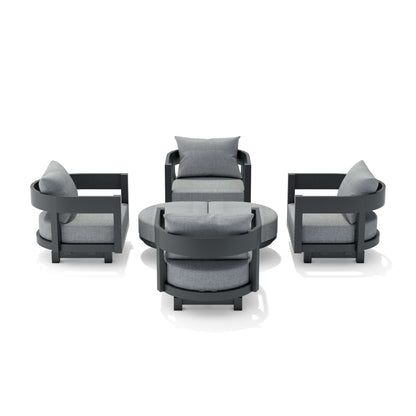 Outdoor furniture set with four chairs and a central table on a white background