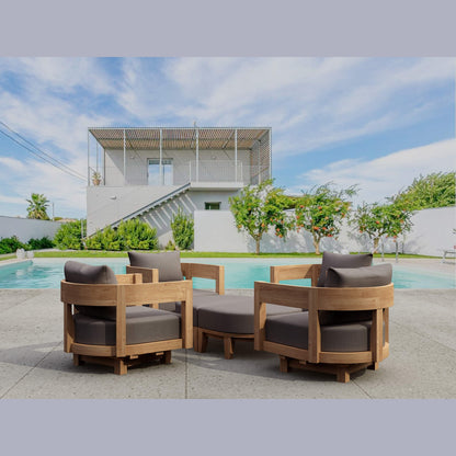 Outdoor furniture set with brown frames and gray cushions by a poolside.