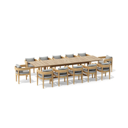Outdoor furniture set with a large wooden table and multiple chairs on a white background
