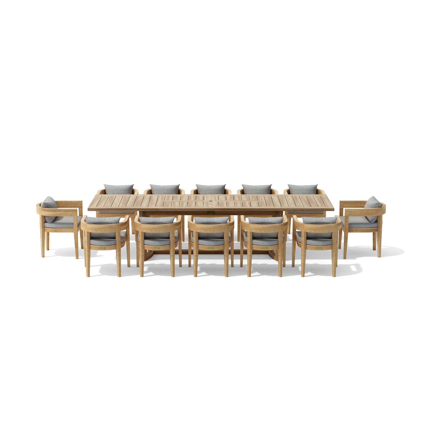 Wooden outdoor dining table with chairs on a white background