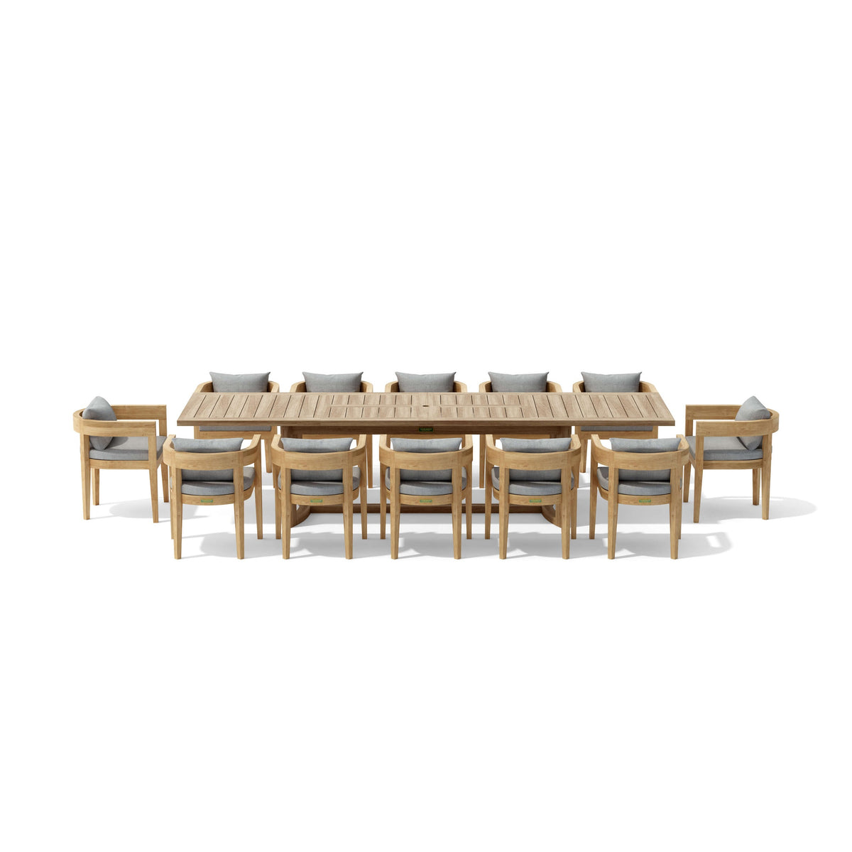 Wooden outdoor dining table with chairs on a white background