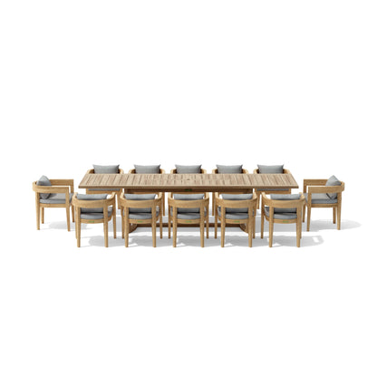 Wooden outdoor dining table with chairs on a white background