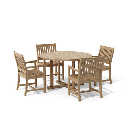 Wooden outdoor table with four matching chairs on a white background