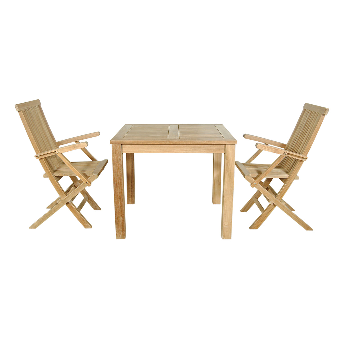 Wooden table with two matching chairs on a white background