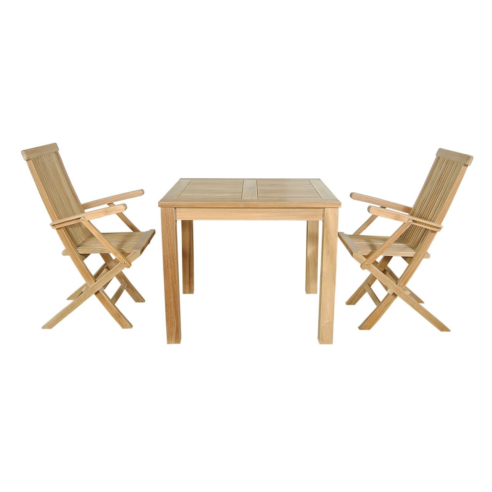 Wooden table with two matching chairs on a white background