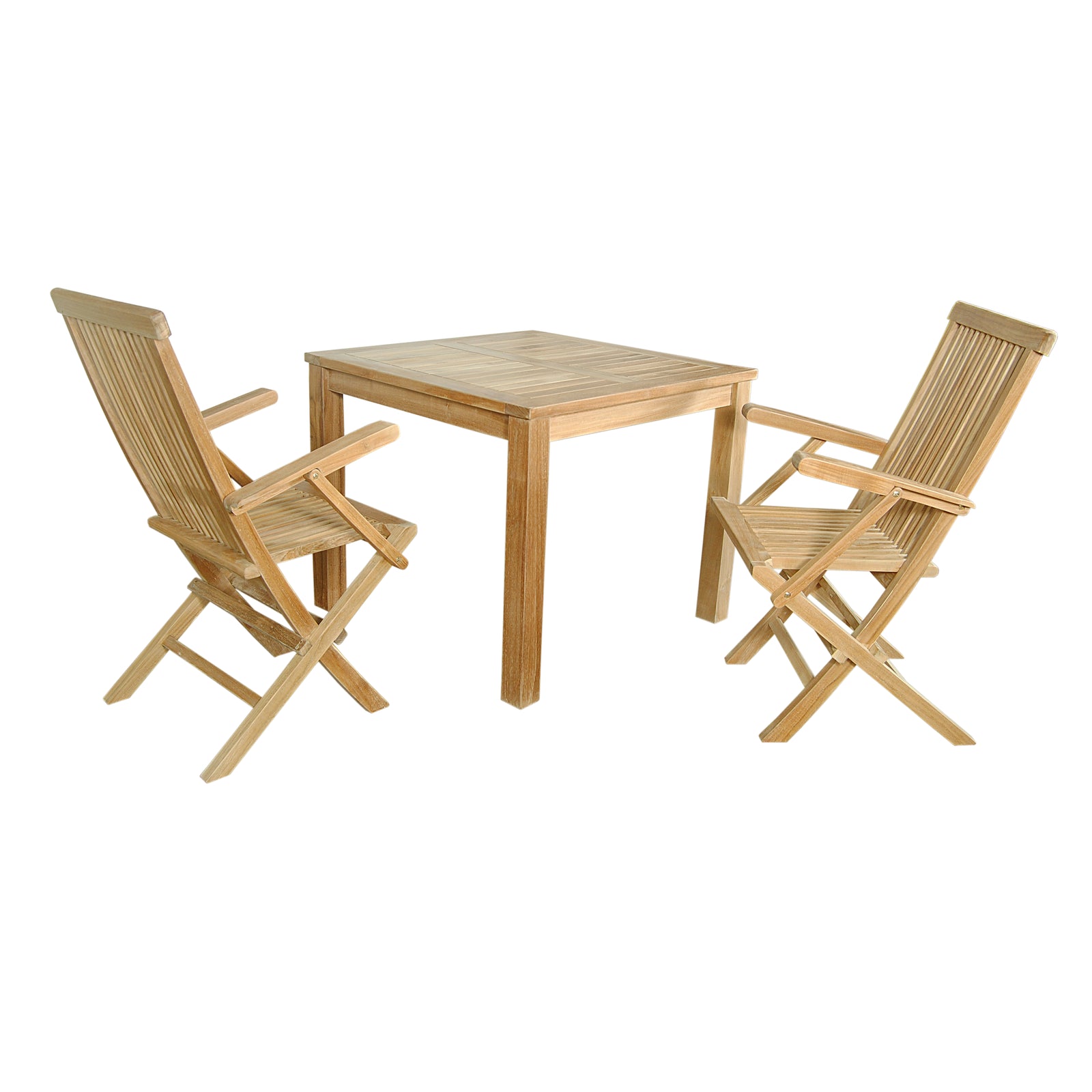 Wooden outdoor table with two matching chairs on a white background