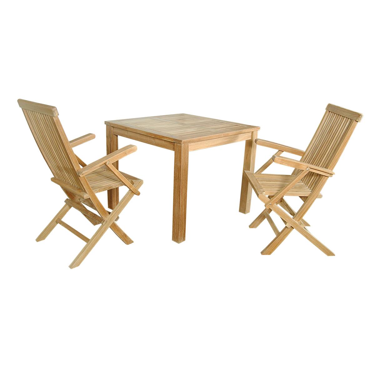 Wooden outdoor table with two matching chairs on a white background