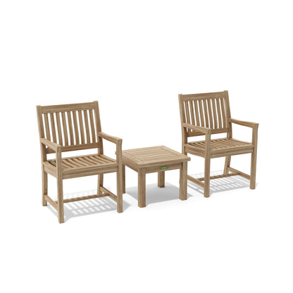 Two wooden chairs with a matching table on a white background