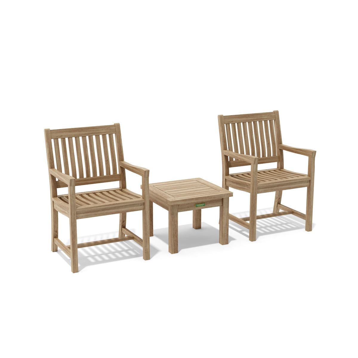 Two wooden chairs with a matching table on a white background