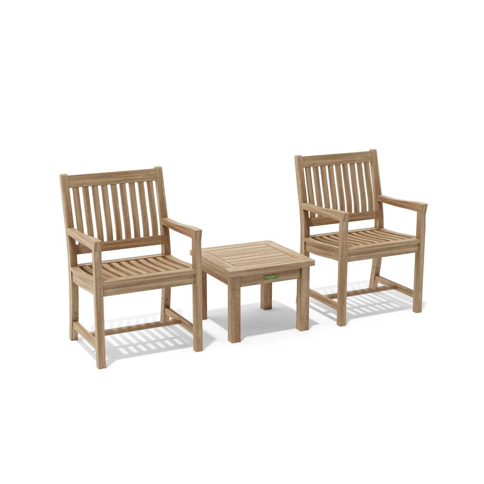 Two wooden chairs with a matching table on a white background