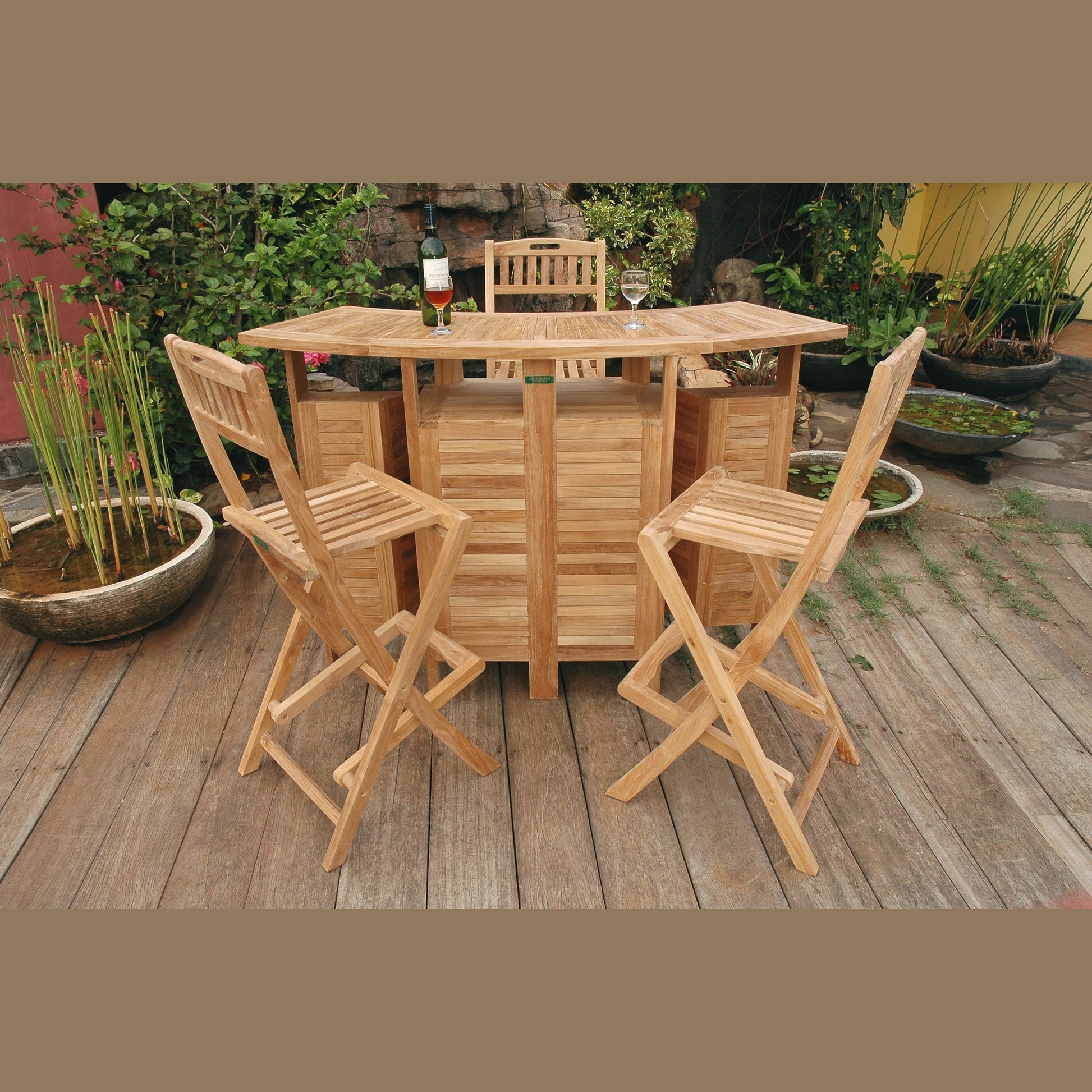 Wooden outdoor dining set with table and chairs on a wooden deck.
