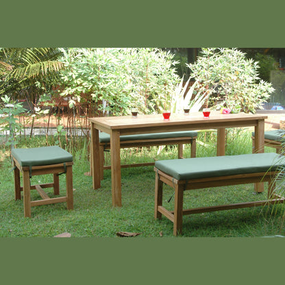 Wooden outdoor furniture set with benches and a table in a garden setting.