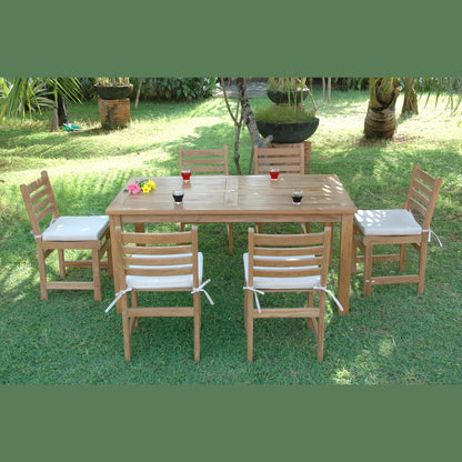 Wooden outdoor dining set with chairs and table on grass