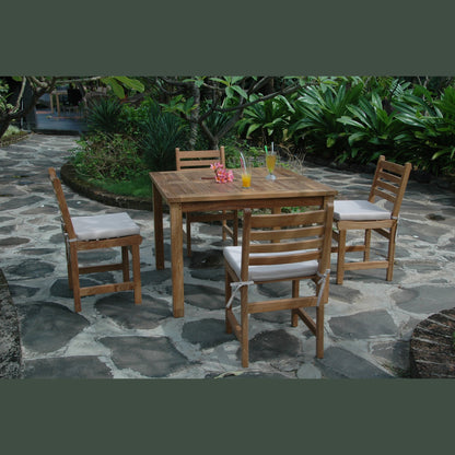 Wooden outdoor dining set with chairs and table on a stone patio