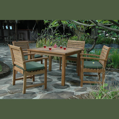Wooden outdoor dining set with chairs and table on a stone patio
