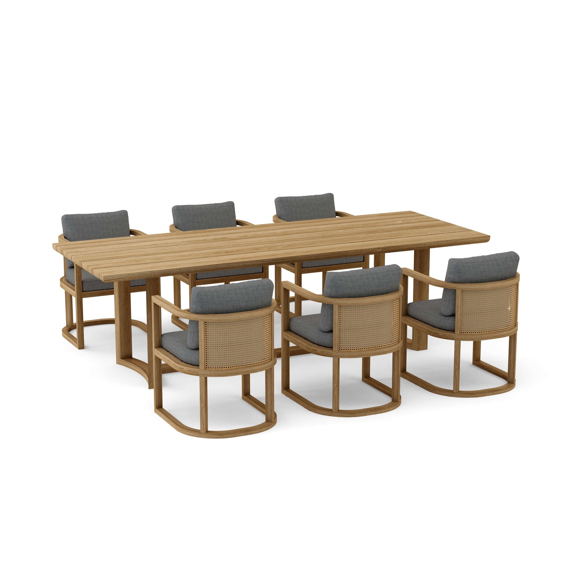 Wooden outdoor dining table with six matching chairs on a white background