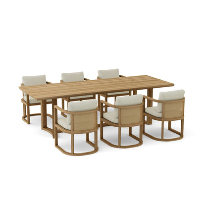 Wooden outdoor dining table with six matching chairs on a white background