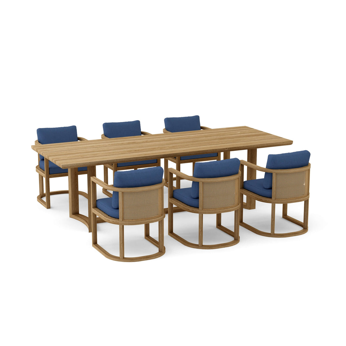 Wooden outdoor table with six matching chairs on a white background