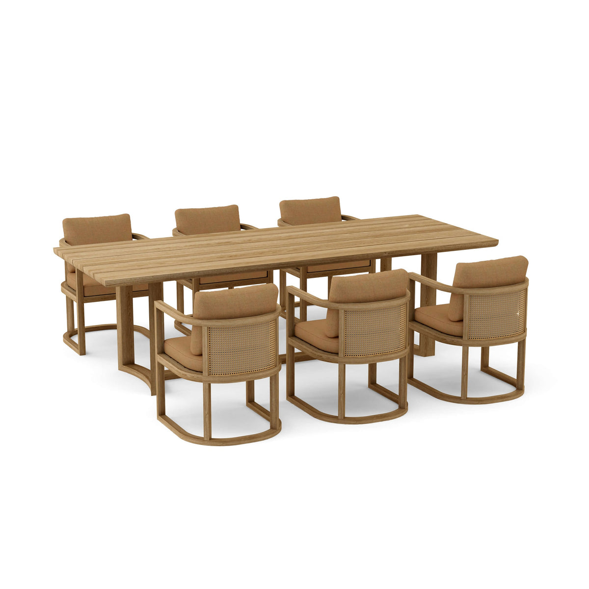 Brown outdoor dining table with six matching chairs on a white background