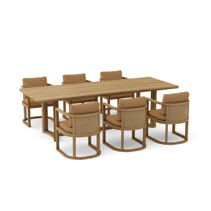 Brown outdoor dining table with six matching chairs on a white background