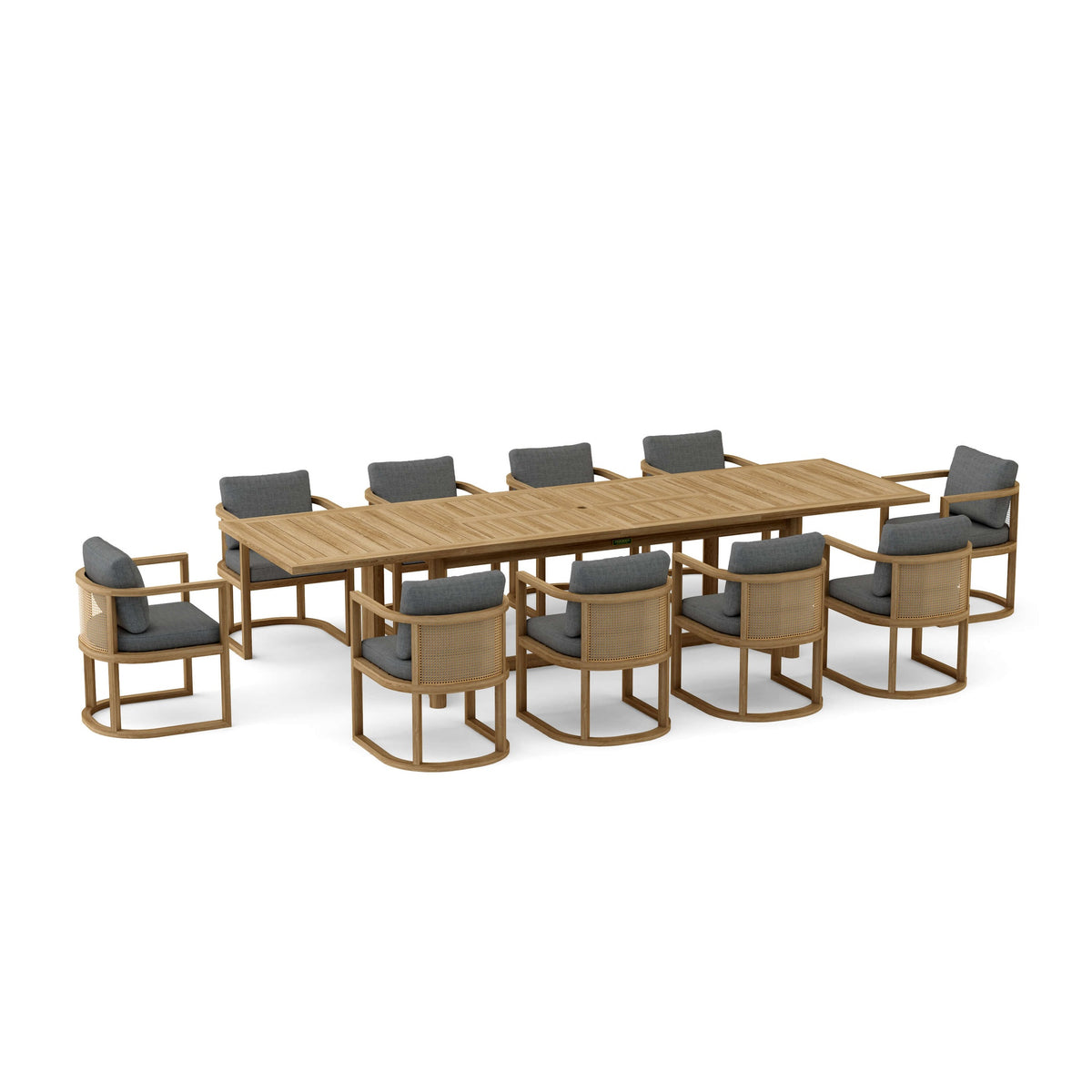 Wooden outdoor dining table with chairs on a white background