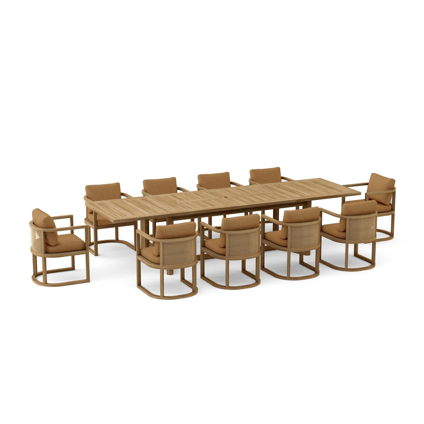 Wooden outdoor dining table with chairs on a white background