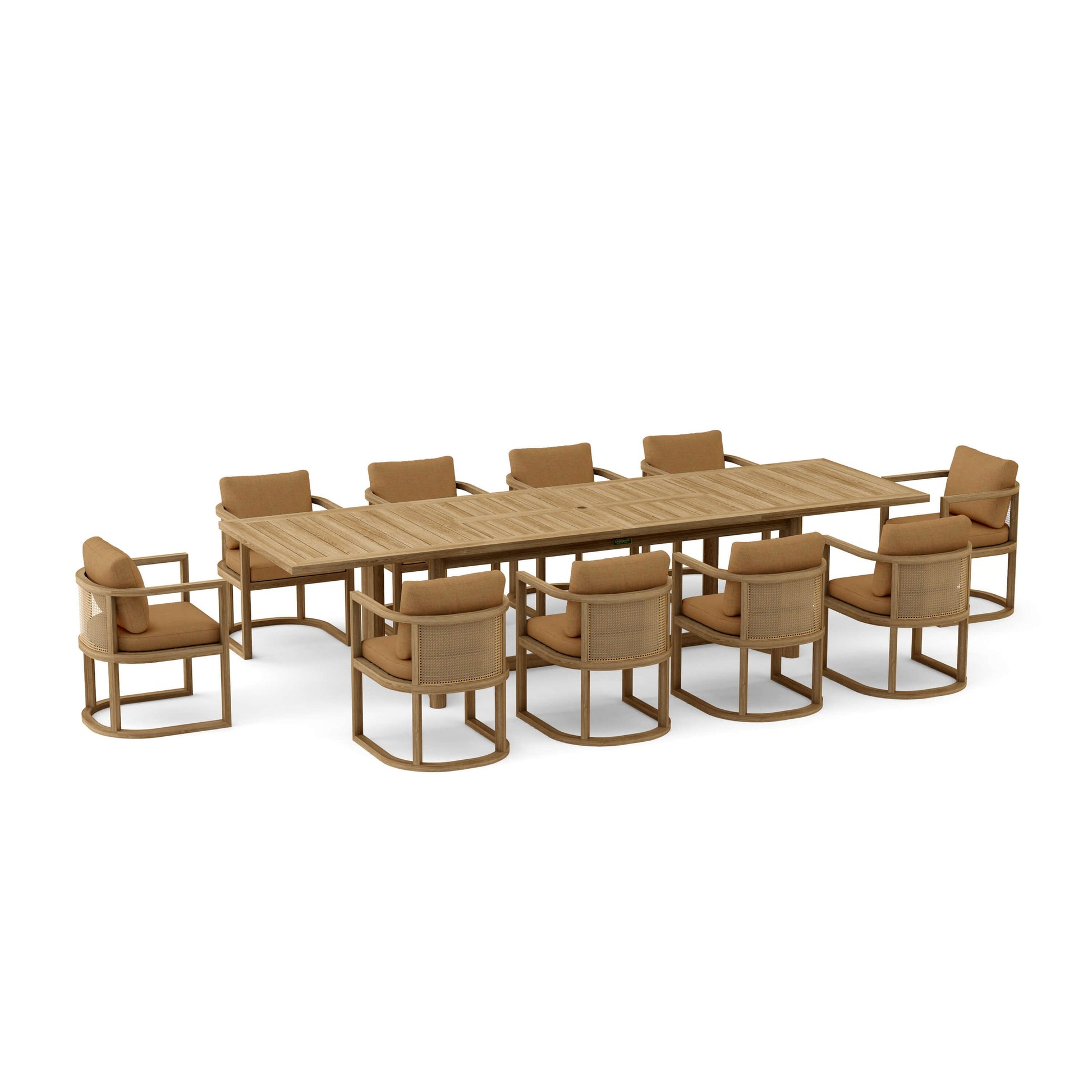 Wooden outdoor dining table with chairs on a white background
