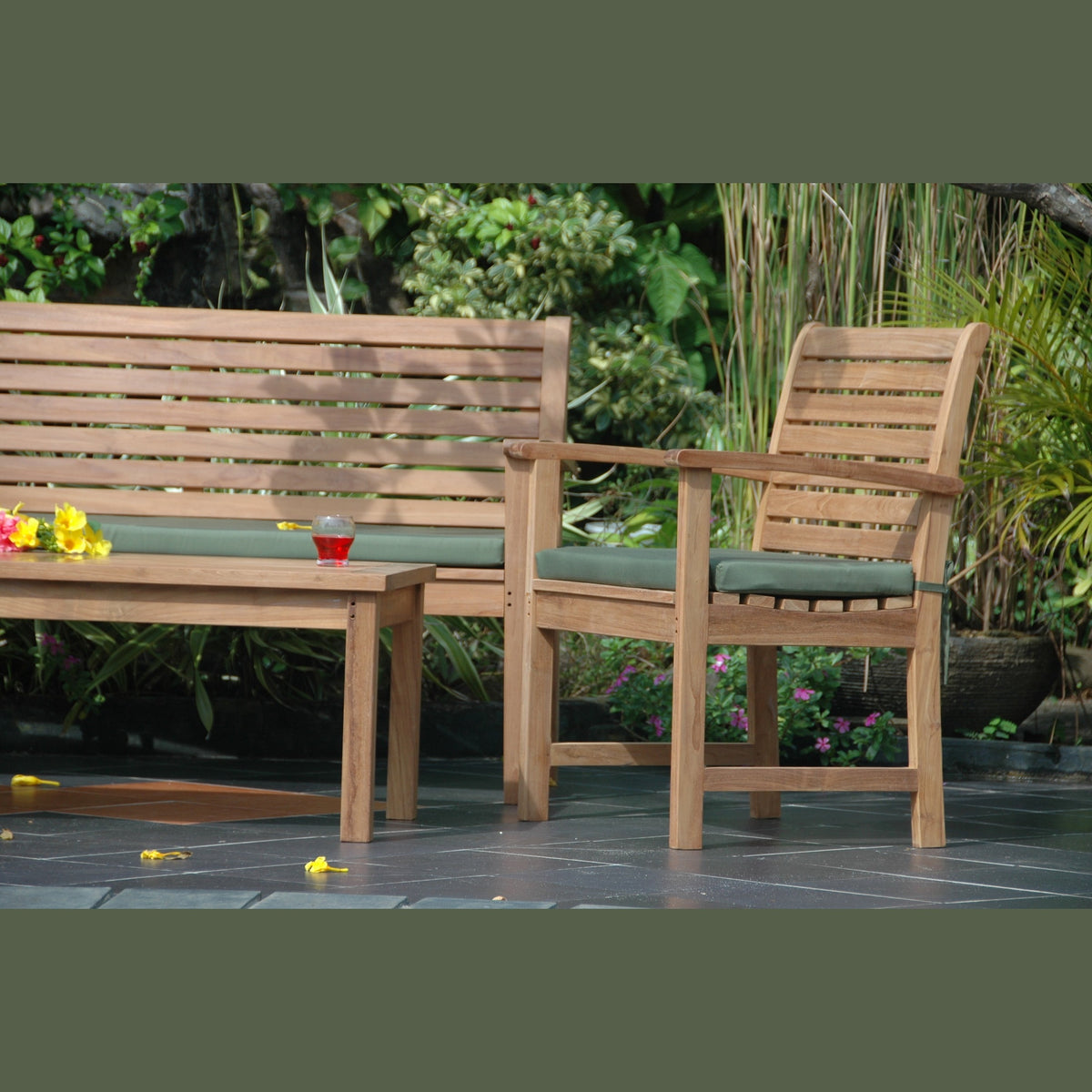 Wooden outdoor furniture set with bench and chair on a patio