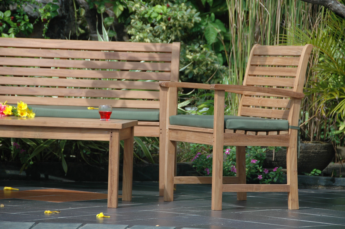 Wooden outdoor furniture set with bench and chair on a patio