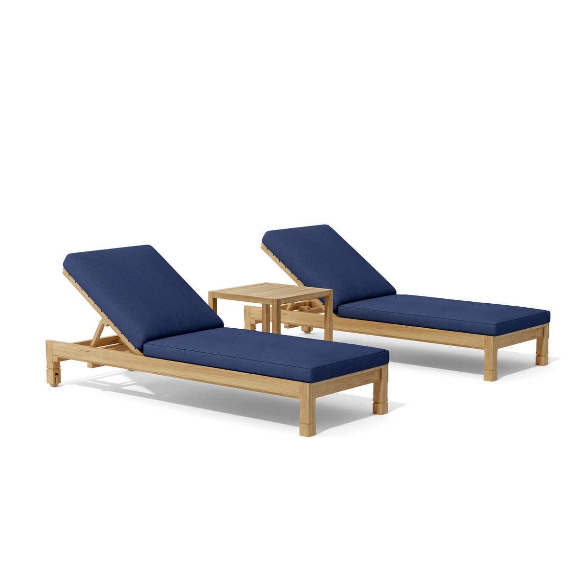Two wooden lounge chairs with blue cushions and a small table on a white background