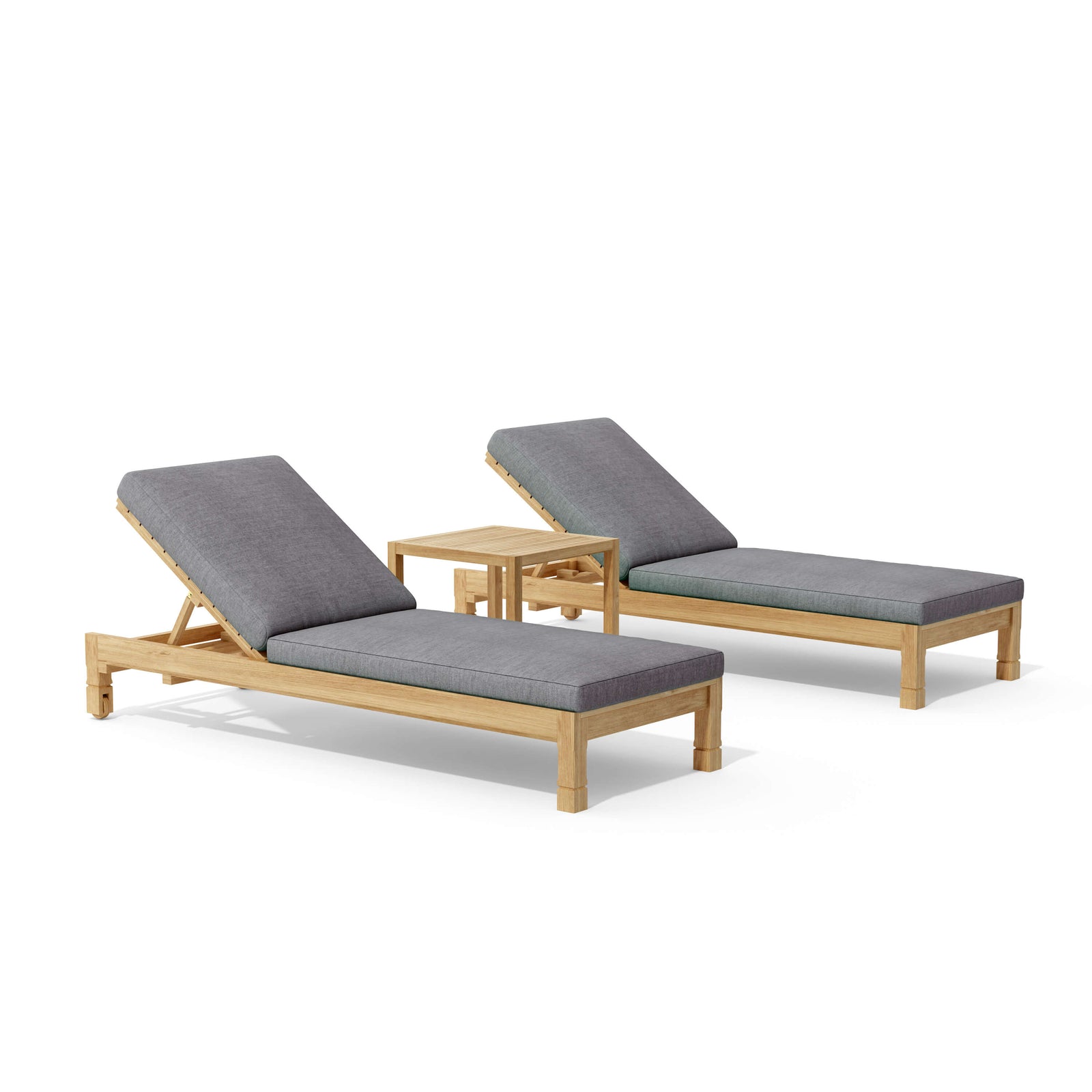 Two wooden lounge chairs with gray cushions on a white background