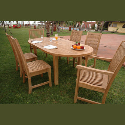 Wooden outdoor dining set with a table and chairs on grass