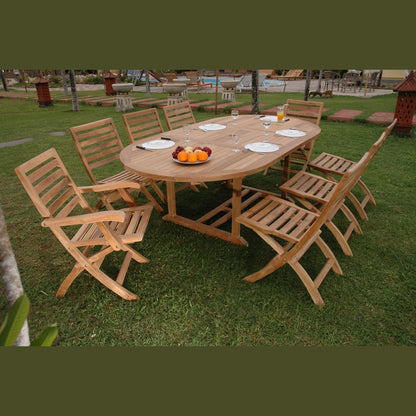 Wooden outdoor dining set with table and chairs on grass