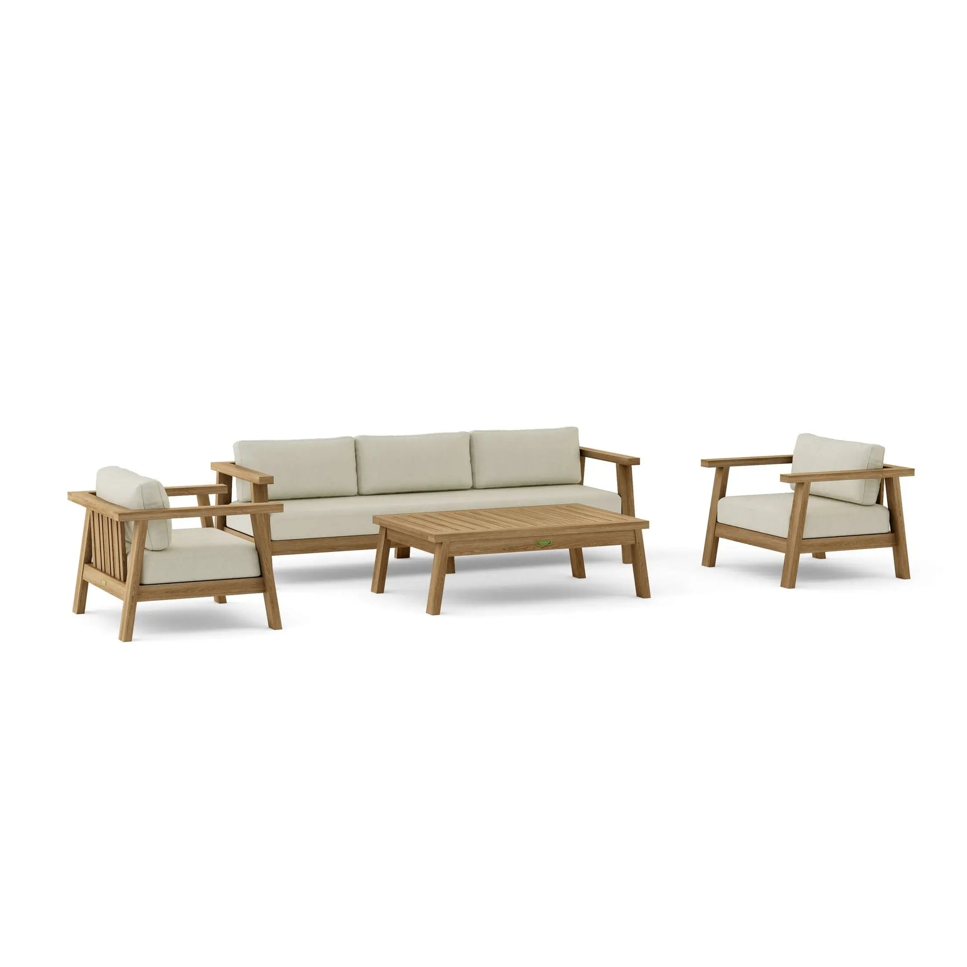 Outdoor furniture set with sofa, chairs, and table on a white background