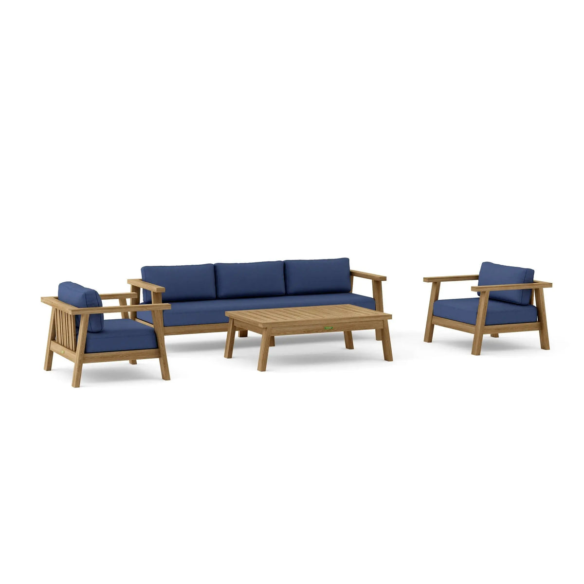Outdoor furniture set with blue cushions and wooden frames on a white background