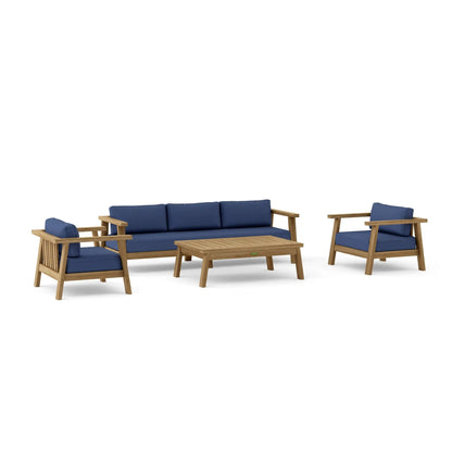 Outdoor furniture set with blue cushions and wooden frames on a white background
