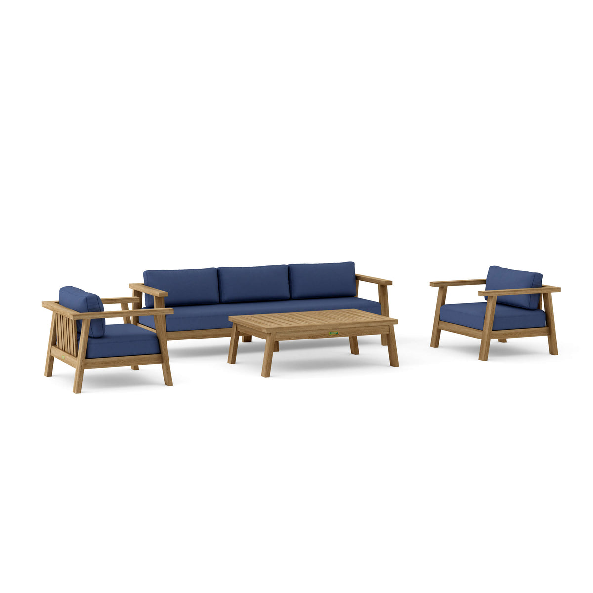 Outdoor furniture set with blue cushions and wooden frames on a white background