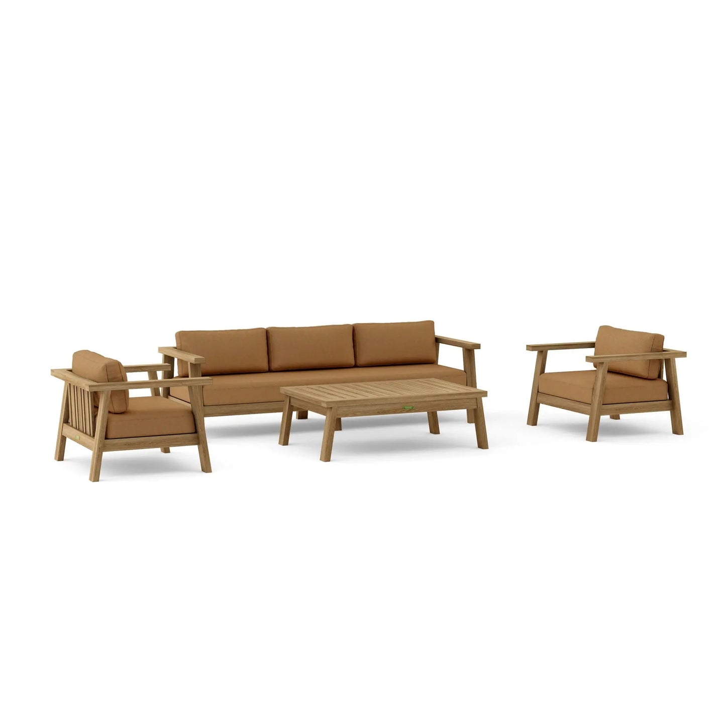 Brown outdoor furniture set with sofa, chairs, and table on a white background