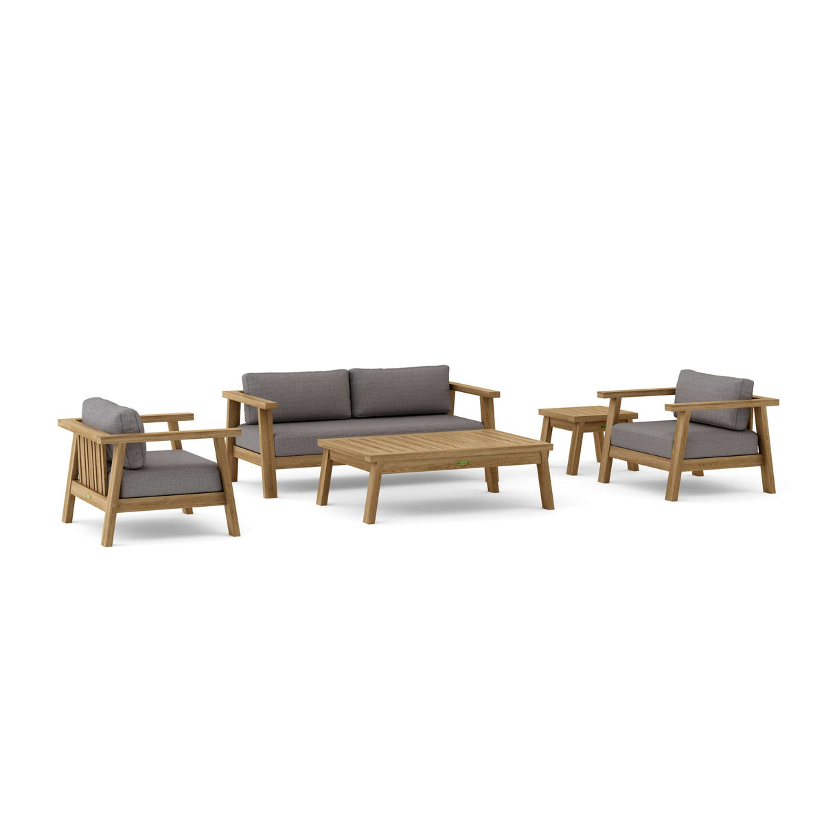 Outdoor furniture set with wooden chairs and table on a white background