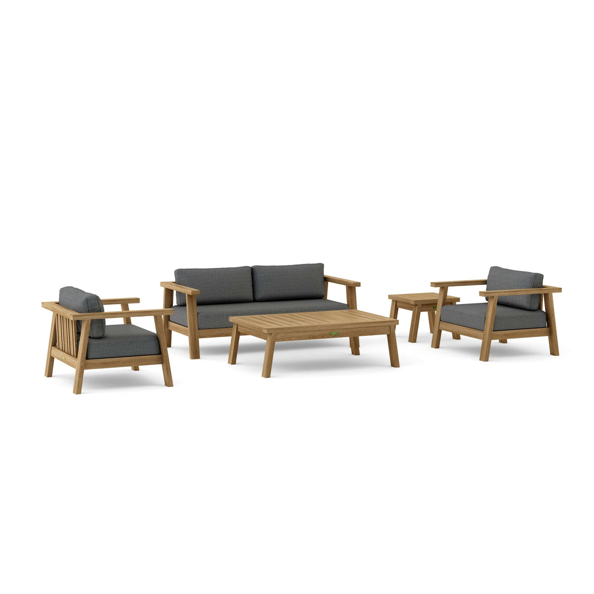 Outdoor furniture set with wooden frames and gray cushions on a white background