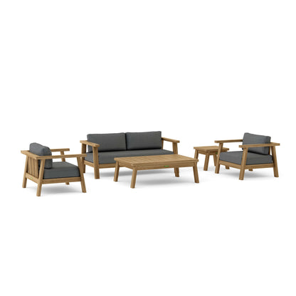 Outdoor furniture set with wooden frames and gray cushions on a white background
